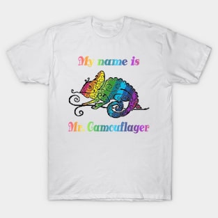 Colorful Chameleon Design with Mosaic Stripes and Rainbow Title "My Name is Mr. Camouflager" T-Shirt